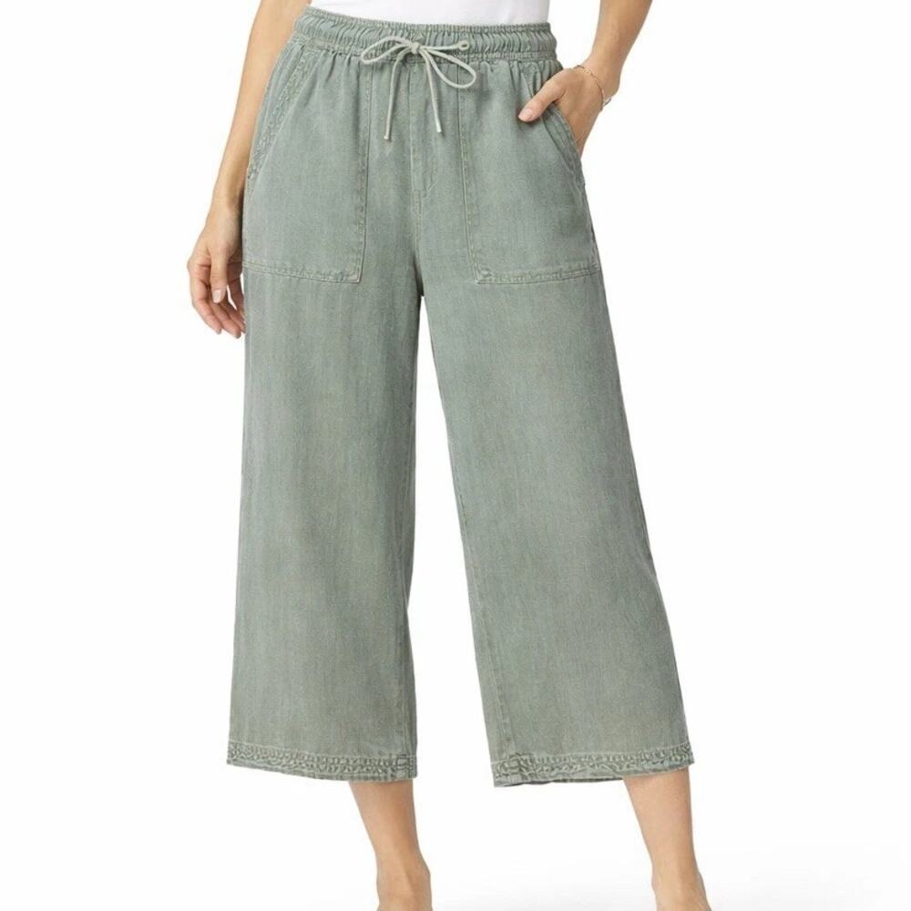 Joie Linen Pants Paperbag Waist Wide High Rise Drawstring Crop Pocket Green XL